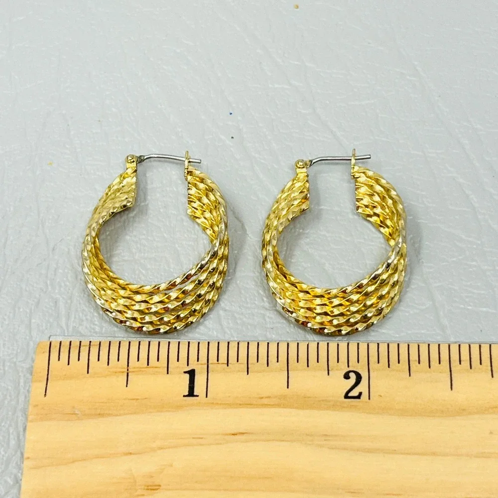 Gold Tone Twisted Multi‎ Strand Hoop Earrings Textured Basketweave Style